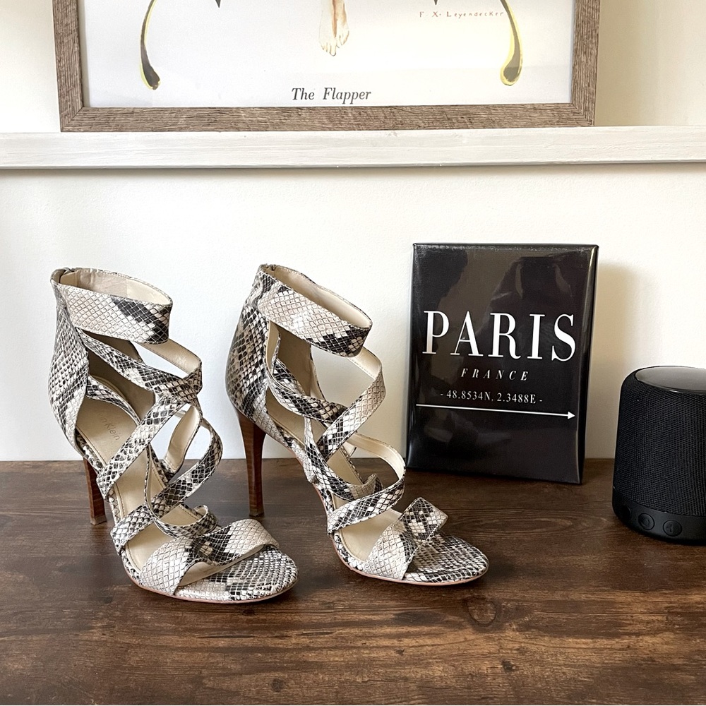 Calvin Klein snake skin criss cross heels